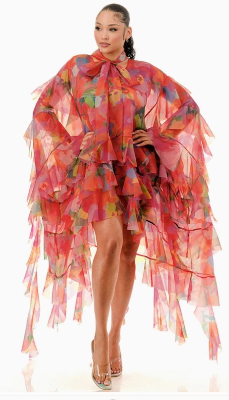 Long Sleeve Tie Neck Ruffle Oversized Dress - Style #J-66741