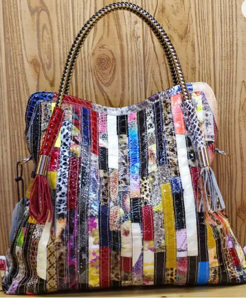 This genuine leather bag features striking, multicolored stripes for a unique look.