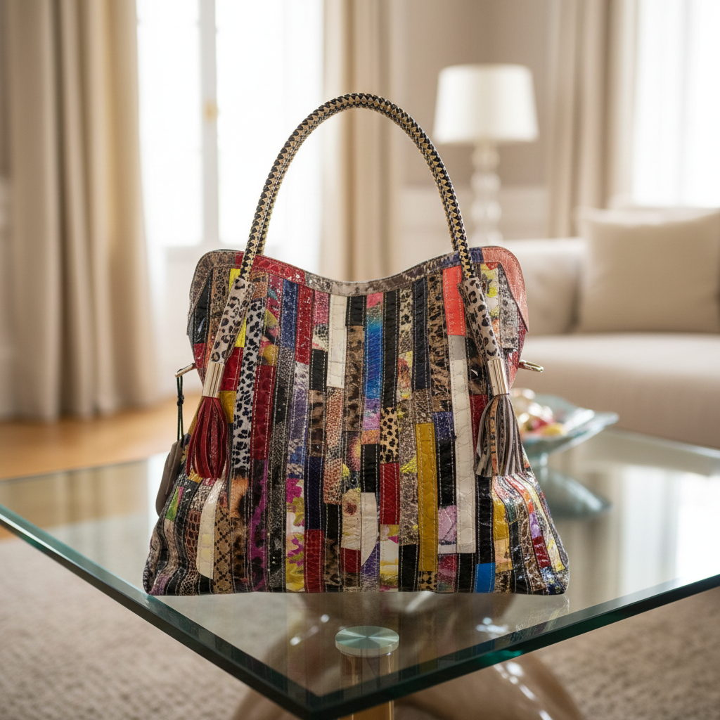This genuine leather bag features striking, multicolored stripes for a unique look.