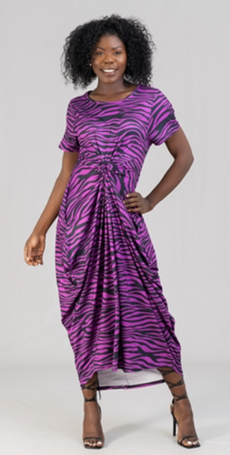 KaraChic's zebra-print dress is distinctively colored in purple and black.  This maxi dress boasts a relaxed fit.
