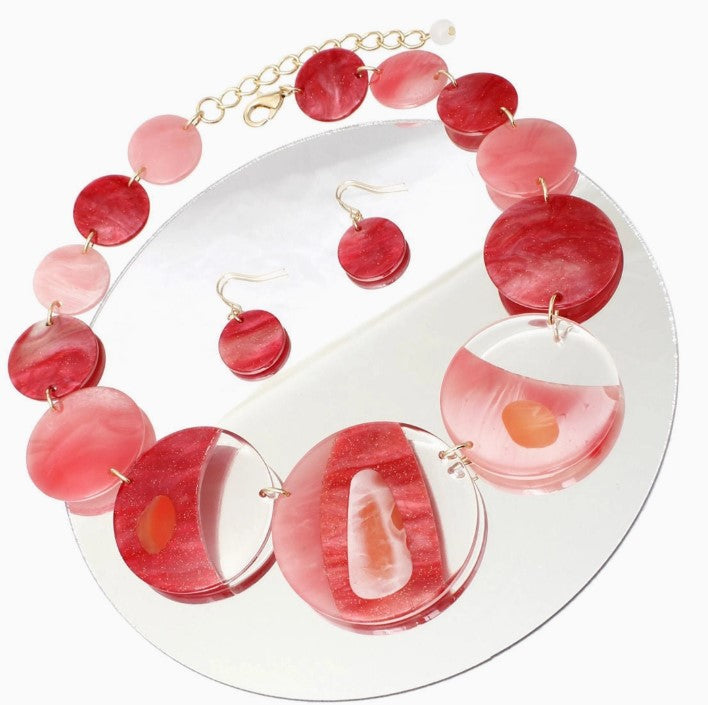 Dst Necklace Red Disc Collar Necklace and Earring Set