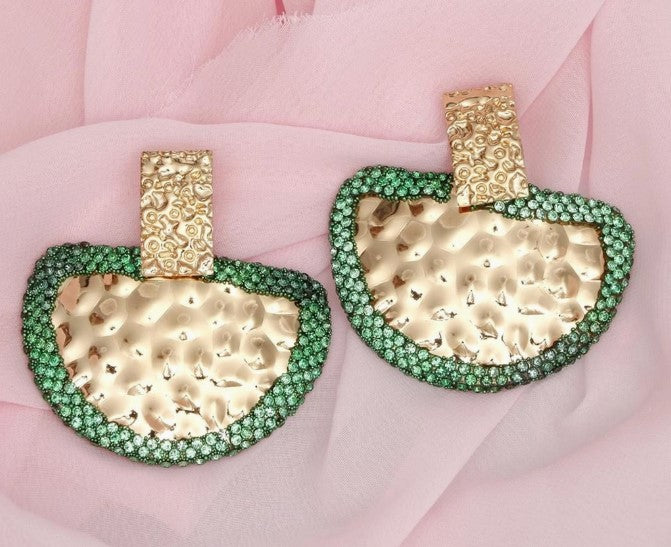 Drop Green Stone Bubbled Gold Semicircle Earrings