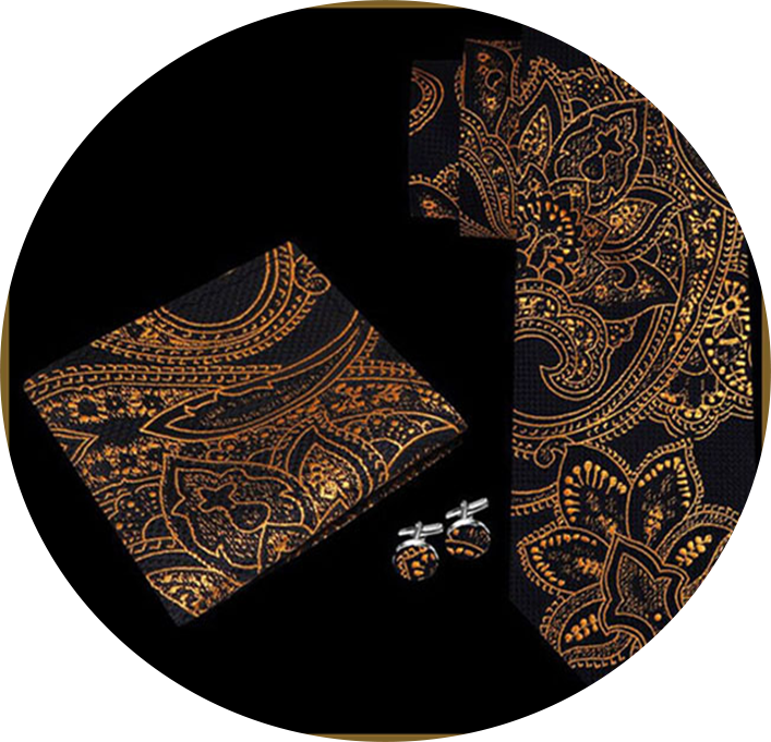 Black and Gold Necktie Set with Cuff Links and Pocket Accent