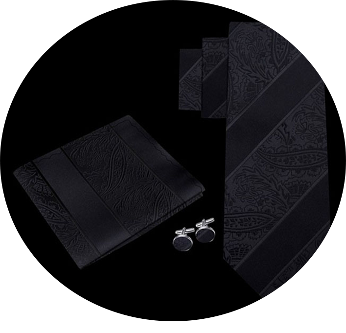 Black Paisley Stripe Formal Necktie Set with Cuff Links and Pocket Accent