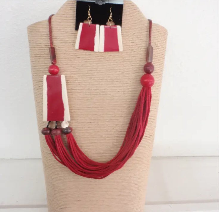 Red Wax Cord With Red And White - Cord Necklace and Earring Set - Style #17930