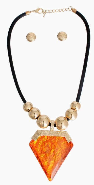 Orange Diamond Shaped Necklace Pendant and Earring Set