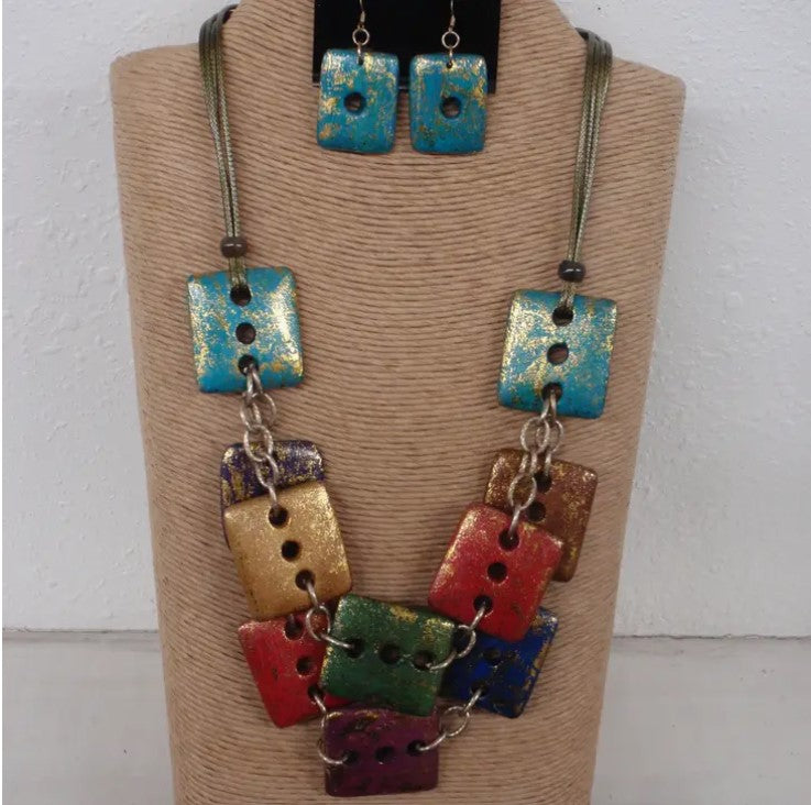 Rectangular Wood Necklace Set with Multicolor with Gold Splash - Style #23042