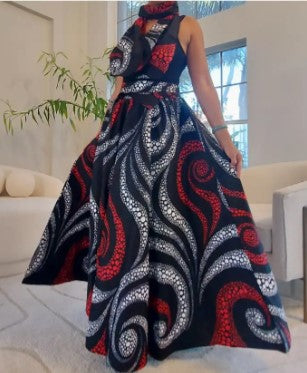 This high-quality maxi skirt showcases an elastic waistband and complementing belt. Notable features include convenient side pockets and a coordinating scarf.  Available in a free size that fits sizes small to 3XL.