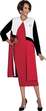 This elegant two-piece ensemble features a sleeveless dress that falls below the knee and a long jacket with a color block design.