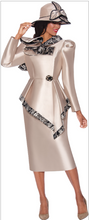 Load image into Gallery viewer, This 2-piece skirt set features a high-low jacket with a ruffled shoulder design and printed trims. It is crafted with an expert blend of twill and jacquard fab
