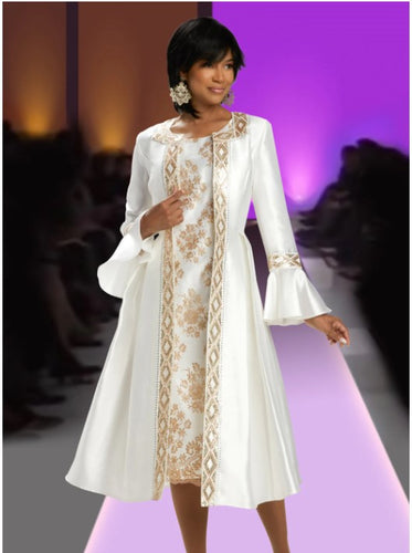 This off-white, brocade fabric dress designed with a sophisticated gold pattern will make you feel elegant in whichever direction you turn. The dress is beautifully paired with a long, white silk look fabric jacket accented with gold rhinestones and sequins. Emphasized with shape at your shoulders and flare at your wrists, this two piece set yields confidence.