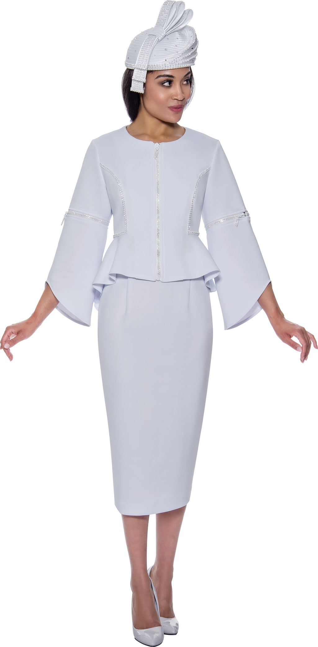 This is a beautiful High-low style 2pc Skirt Suit. The peplum jacket is detailed with rhinestone trim and a Zipper Trim down the front and mid-level the detachable bell sleeves. The skirt The relax fit skirt has a waistband and zipper. Fabric: Peachskin