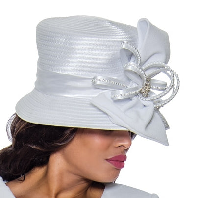 This beautiful hat is nicely designed with a large bow and rhinestone strips in the middle.