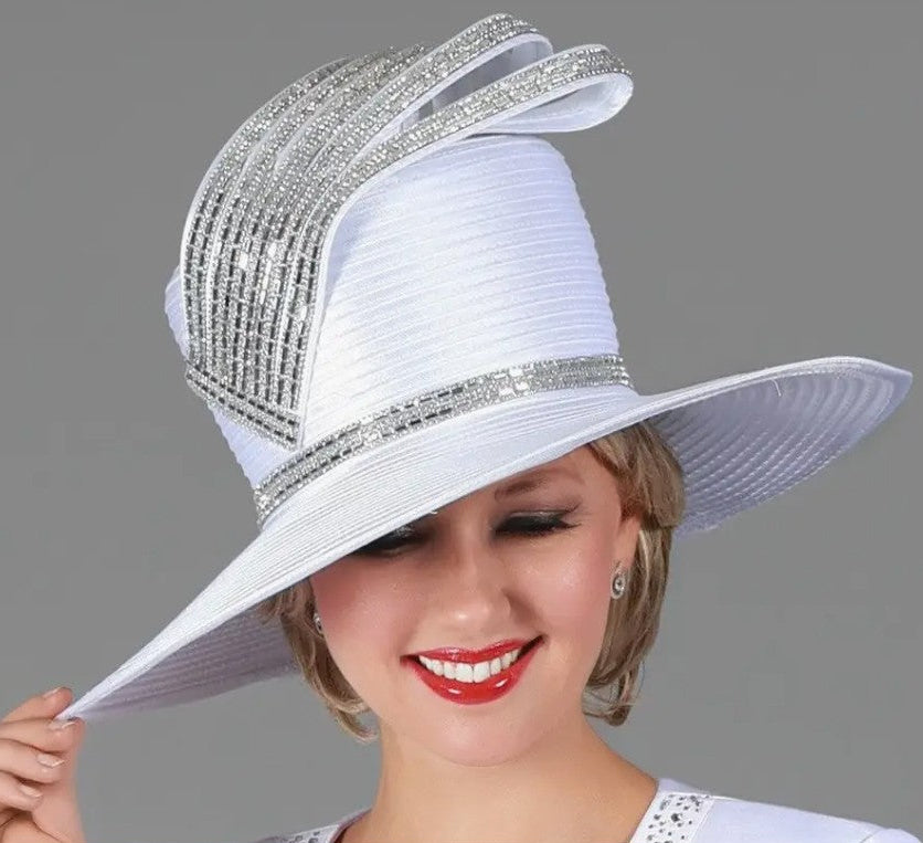 White hat with silver embellishments worn by a model on a gray background