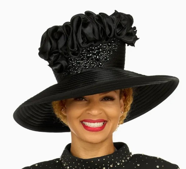 Ruffle Crown Wide Brim Hat w/ Beaded Sparkle Trim - Style #HAT-GI260003