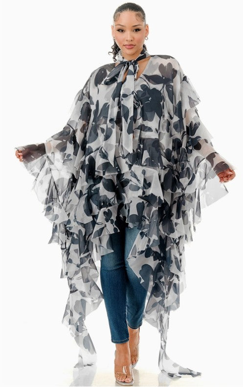 Long Sleeve Tie Neck Ruffle Oversized Dress - Style #J-66739