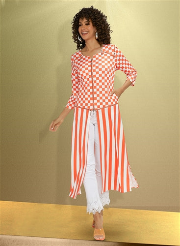 Love the Queen - Style 17458 - Check and Stripe Print Crepe Stretch Tunic -Top