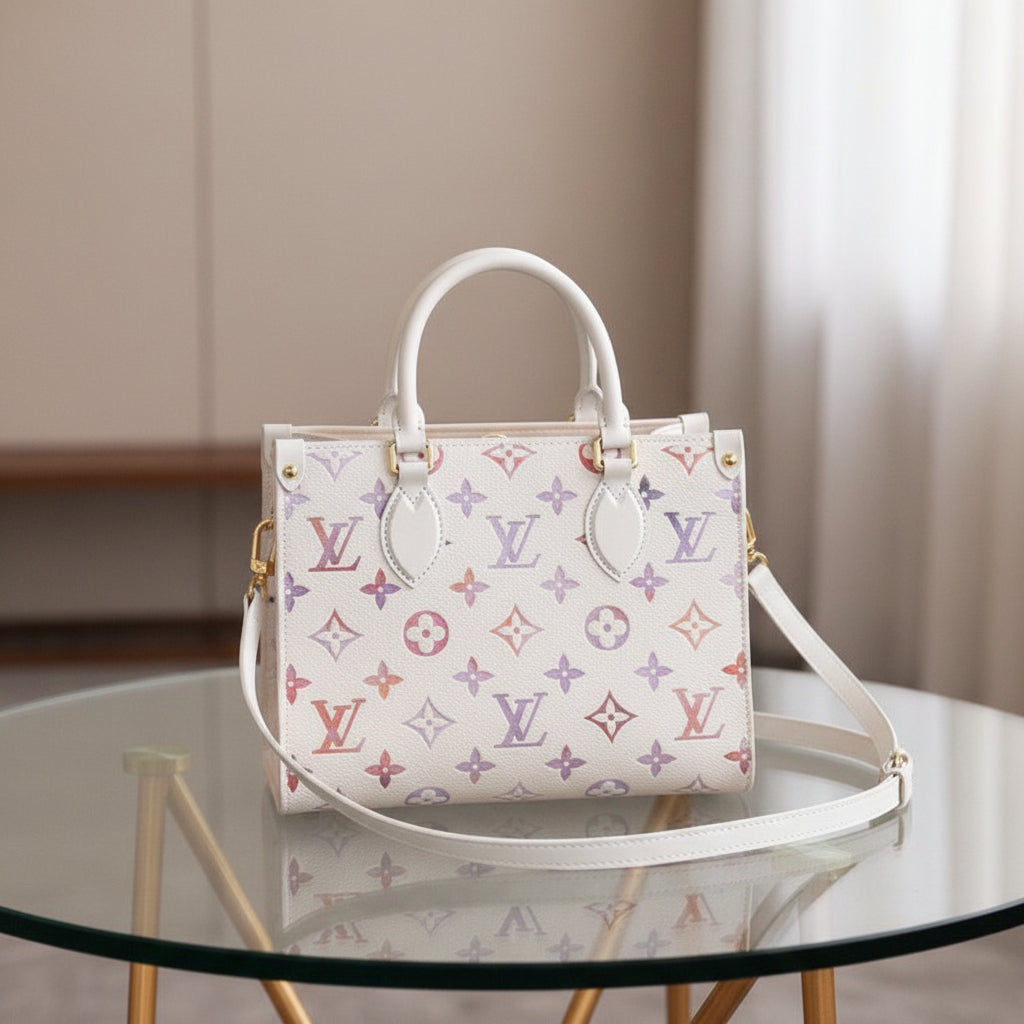 A Louis Vuitton monogram handbag in off-white canvas with gold-tone hardware, displayed on a rustic wooden table.