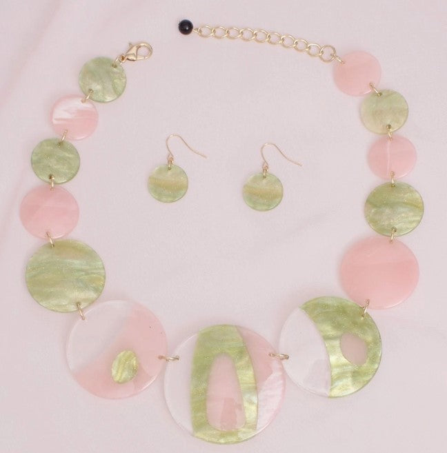 Pink Green Disc Collar Necklace and Earring Set