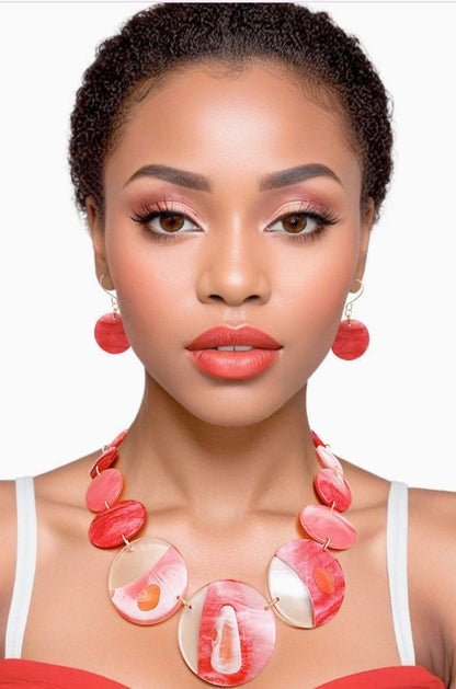 Dst Necklace Red Disc Collar Necklace and Earring Set