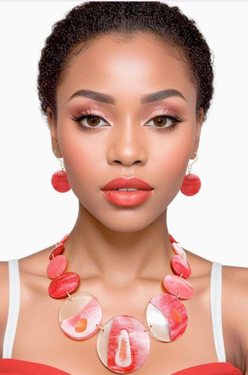 Dst Necklace Red Disc Collar Necklace and Earring Set