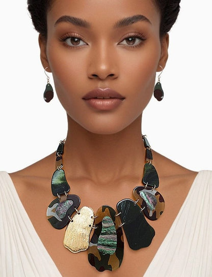 Bib Marbled Camo Green Link Necklace and Earring Set