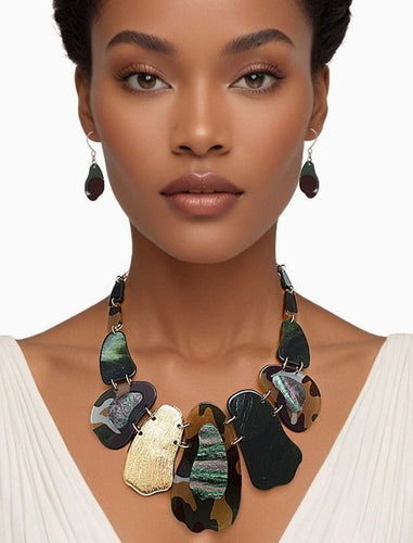 Bib Marbled Camo Green Link Necklace and Earring Set