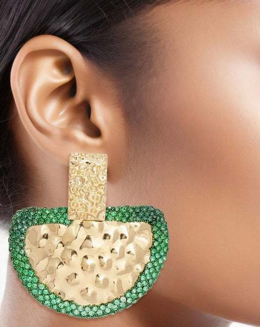 Drop Green Stone Bubbled Gold Semicircle Earrings