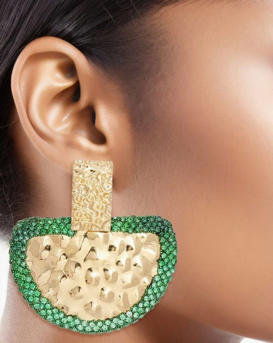 Drop Green Stone Bubbled Gold Semicircle Earrings