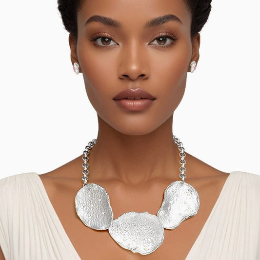 Collar Silver Curved Plate Aurbo Chain Necklace and Earring Set