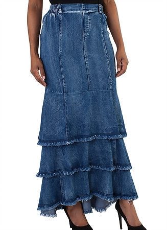 This 3-tiered denim maxi skirt provides a perfect blend of comfort, convenience, and flair. It features a cozy waistband with a front zipper for ease of wear.