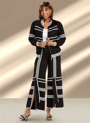 Donna Vinci SPORT - sophistication describes this geometric two-piece. If you're searching for a catchy sport suit that will maintain a comfortable fit, this is for you.  Skillfully made, the black jacket and pants are detailed with white-striped trim.   The pants have a slit on the front from the knee to the ankle.