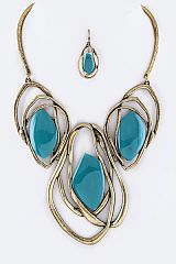 Resin Stone & Metal Hoops Statement Collar Necklace Set