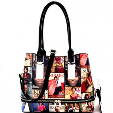 Michelle Obama Magazine Print Zipper Handbag - Accent 2 in 1 Tote SET