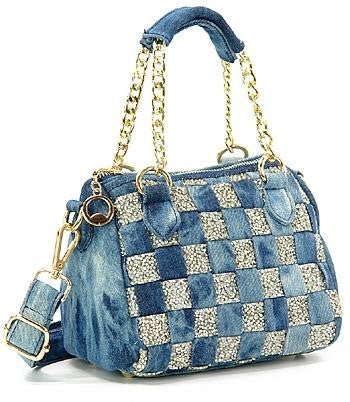 Denim and Rhinestone Mini Satchel Handbag - Style #PUR200013