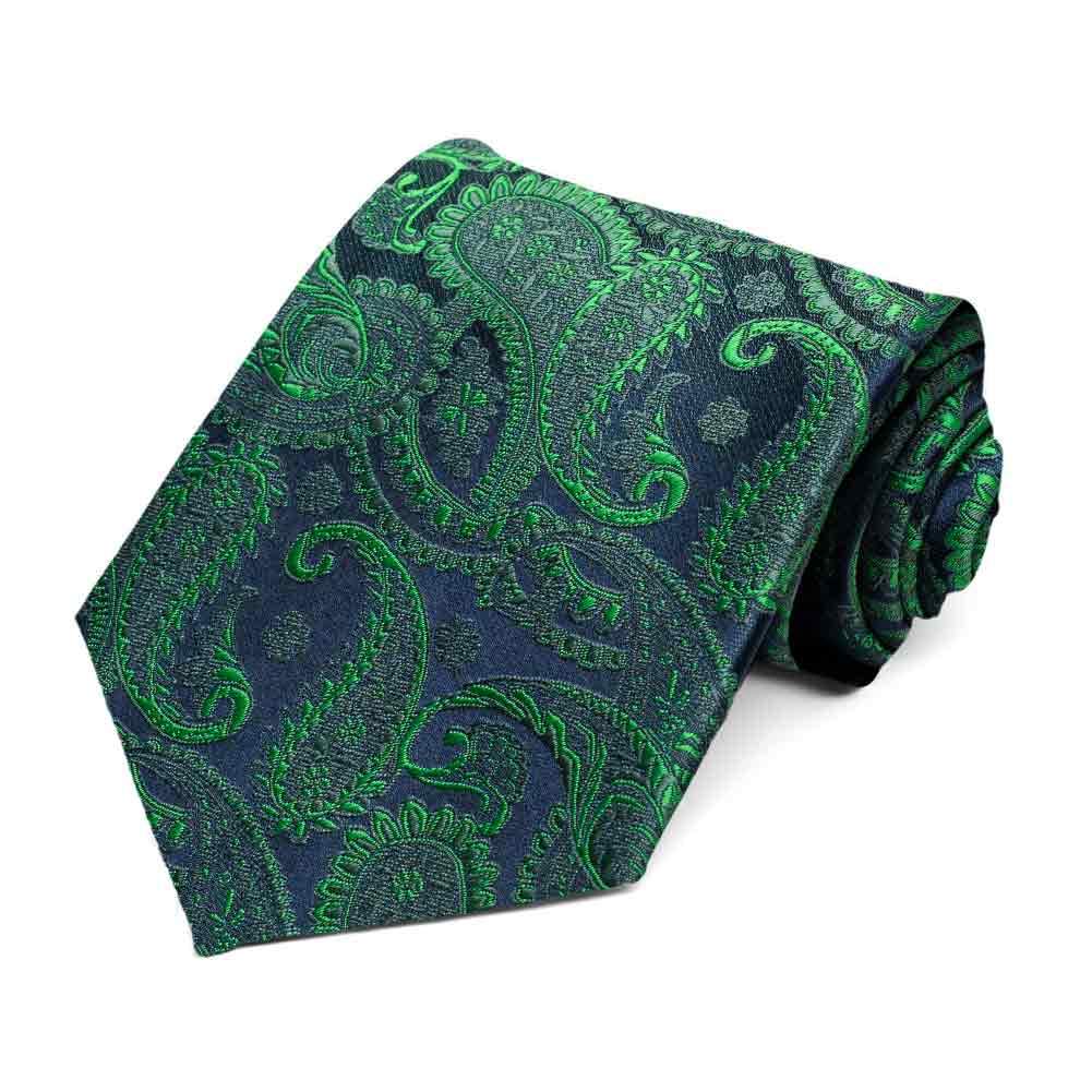 Green/Navy Blue Paisley Necktie - Extra Long