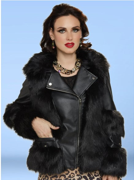 This design is a fashion statement within itself.   Faux Leather is always befitting for accentuating your personal style.  Notice the fur trim around the collar, jacket bottom, and sleeve jacket.  This style will set the tone for any occasion.