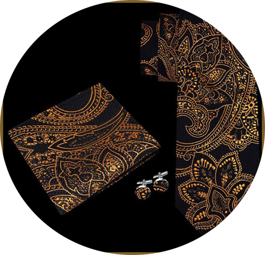 Black and Gold Necktie Set with Cuff Links and Pocket Accent