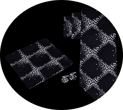 Black and Gray Geometric Necktie Set with Cuff Links and Pocket Accent