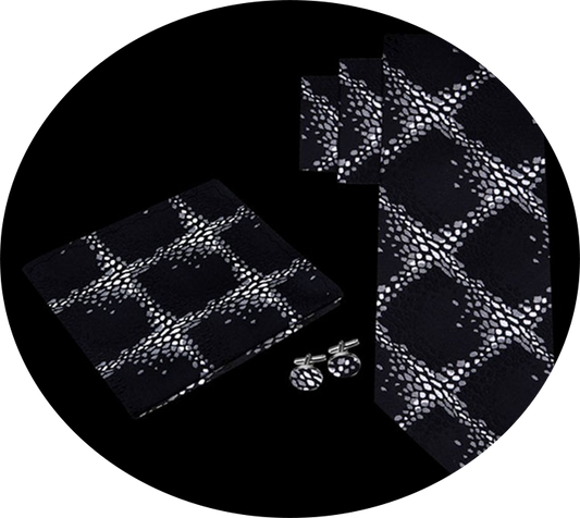 Black and Gray Geometric Necktie Set with Cuff Links and Pocket Accent