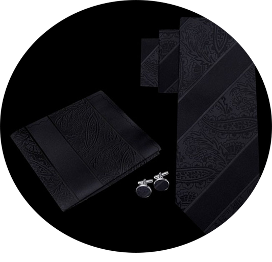 Black Paisley Stripe Formal Necktie Set with Cuff Links and Pocket Accent