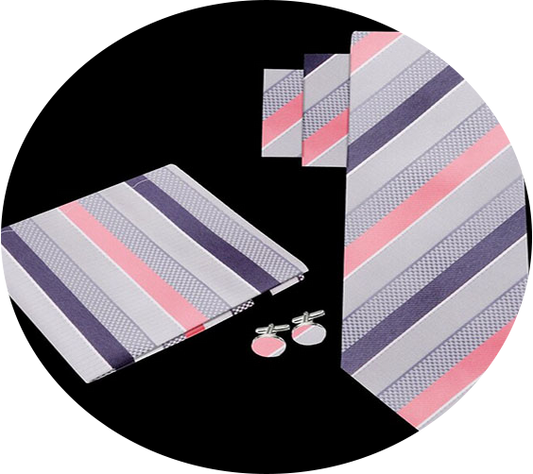 Gray and Salmon Stripe 100% Silk Necktie Set with Cuff Links and Pocket Accent
