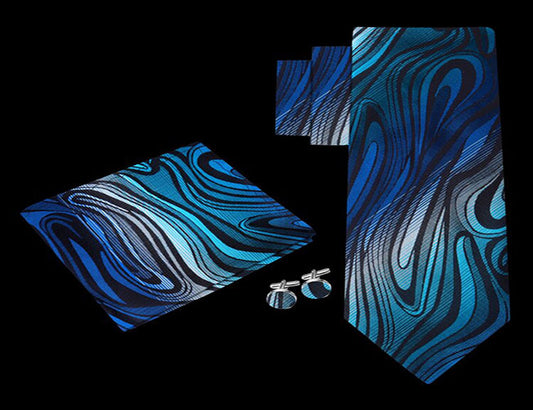 Blue, Grey, and Black Wavy Necktie Set with Cuff Links and Pocket Accent